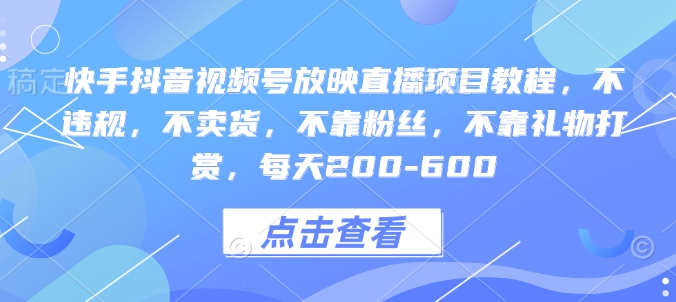 快手抖音视频号放映直播项目教程，不违规，不卖货，不靠粉丝，不靠礼物打赏，每天200-600 - 小毅网创-小毅网创