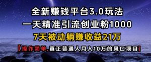 全新赚钱平台3.0玩法一天精准引流创业粉1000.7天被动躺Z收益21W【仅揭秘】-小毅网创