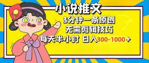 小说推文6.0，简单无脑，3分钟一个原创作品，每天半小时，日入300-1000...-小毅网创