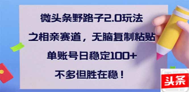 微头条野路子2.0玩法之相亲赛道，无脑搬砖复制粘贴，单账号日稳定300+... - 小毅网创-小毅网创