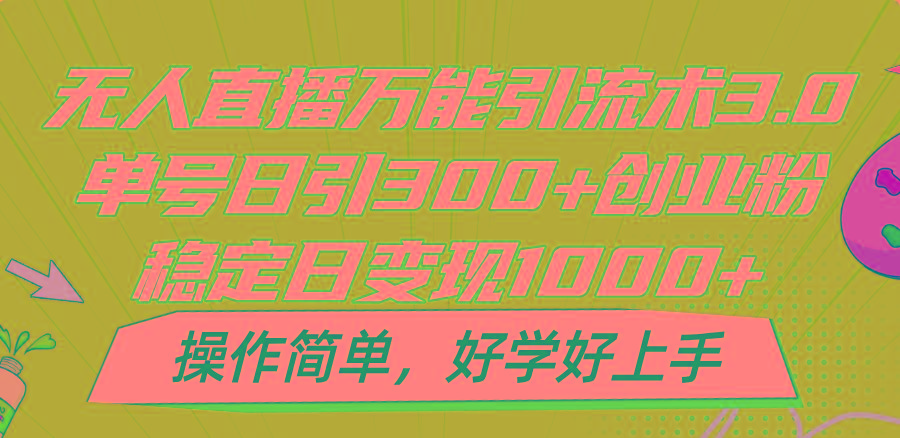 无人直播万能引流术3.0，单号日引300+创业粉，稳定日变现1000+，操作简单 - 小毅网创-小毅网创