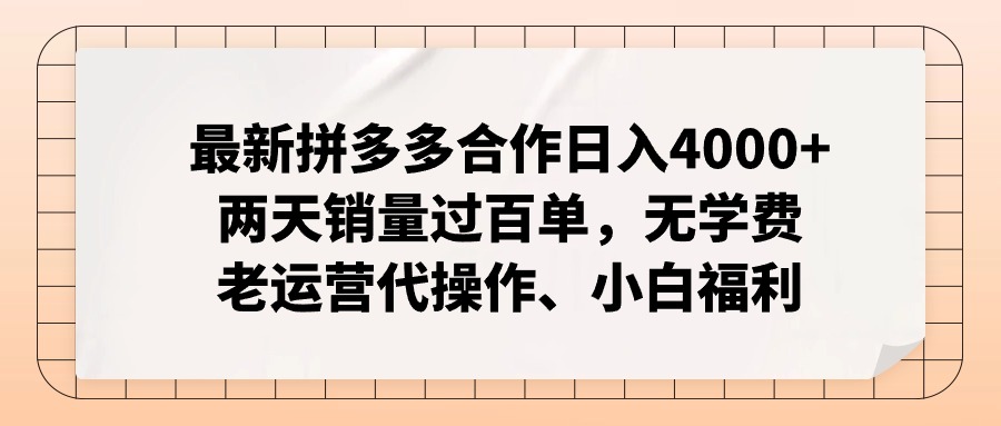 拼多多最新合作日入4000+两天销量过百单，无学费、老运营代操作、小白福利 - 小毅网创-小毅网创
