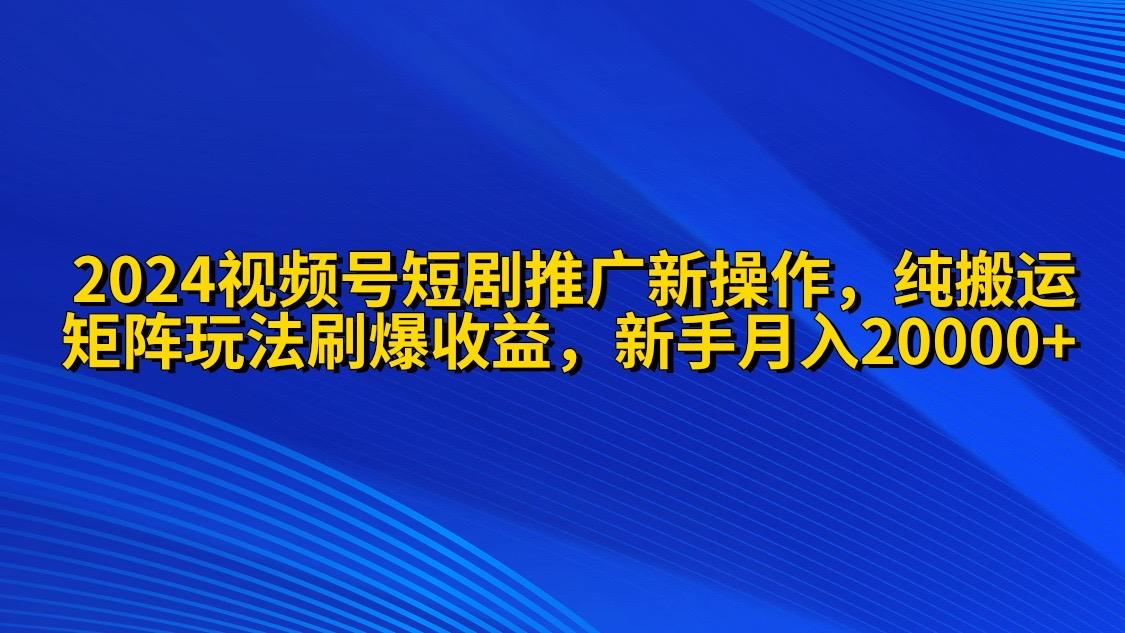 (9916期)2024视频号短剧推广新操作 纯搬运+矩阵连爆打法刷爆流量分成 小白月入20000 - 小毅网创-小毅网创