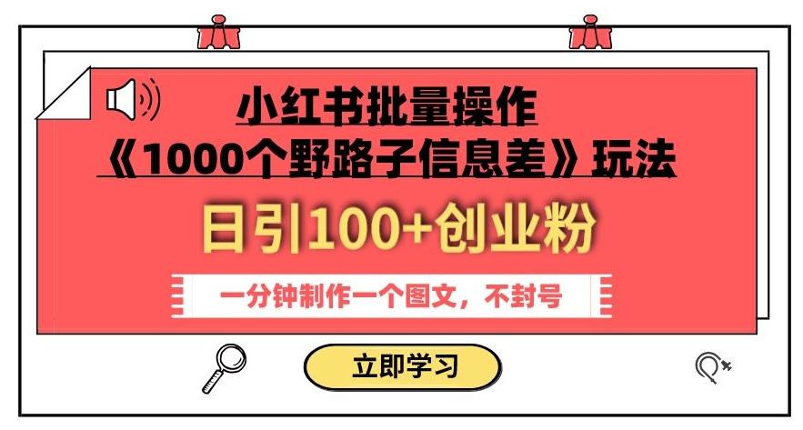 小红书批量操作《1000个野路子信息差》玩法，一分钟制作一个图文，不封号，日引100+创业粉 - 小毅网创-小毅网创