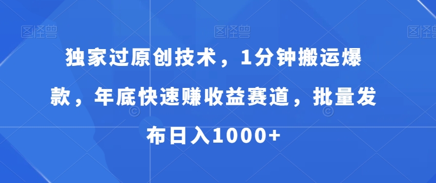 独家过原创技术，1分钟搬运爆款，年底快速赚收益赛道，批量发布日入1000+【揭秘】 - 小毅网创-小毅网创