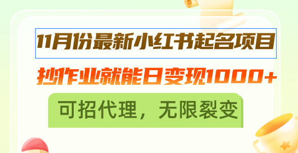 11月份最新小红书起名项目，抄作业就能日变现1000+，可招代理，无限裂变 - 小毅网创-小毅网创