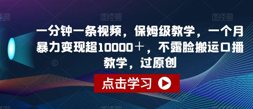 一分钟一条视频，保姆级教学，一个月暴力变现超10000＋，不露脸搬运口播教学，过原创 - 小毅网创-小毅网创